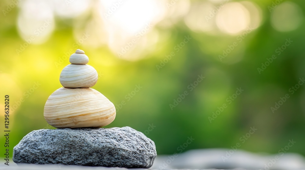 Poster a serene stack of smooth stones symbolizing balance and tranquility in a natural outdoor setting : g