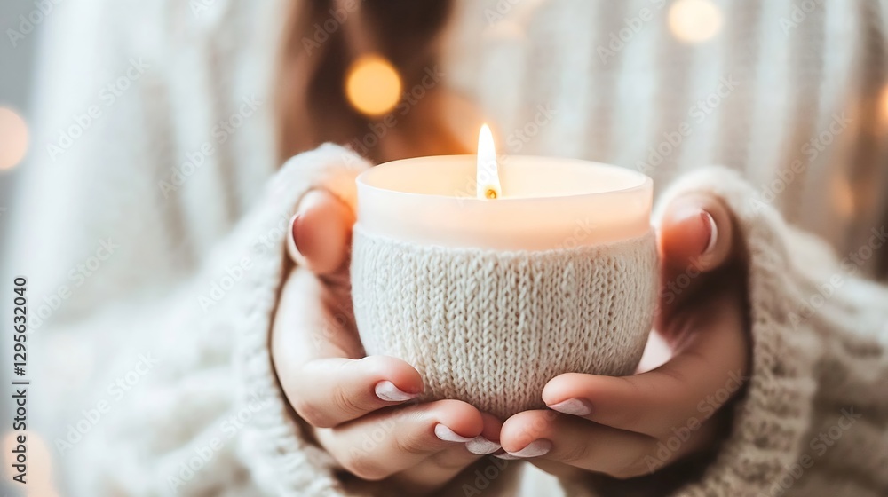 Poster Warm and Cozy Candle in Sweater Hands with Soft Bokeh Background Giving a Calm and Relaxing Vibe : Generative AI