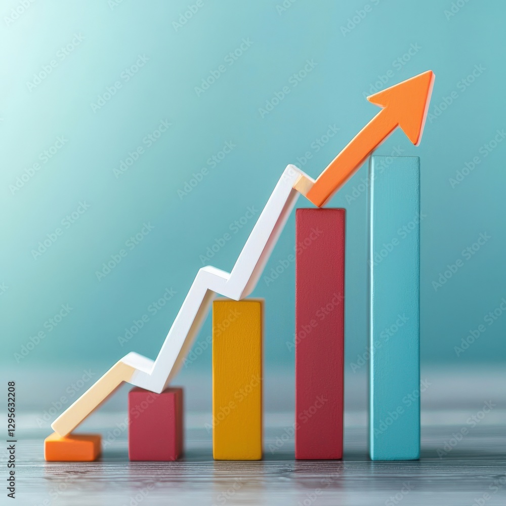 Poster a colorful bar graph displaying growth trends with a rising arrow. ideal for business presentations,