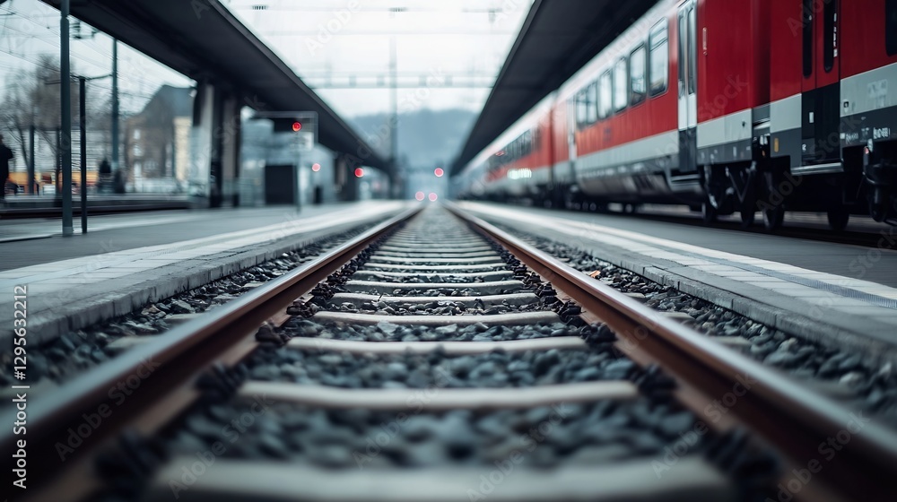 Poster closeup perspective of railway tracks leading to busy train station : generative ai