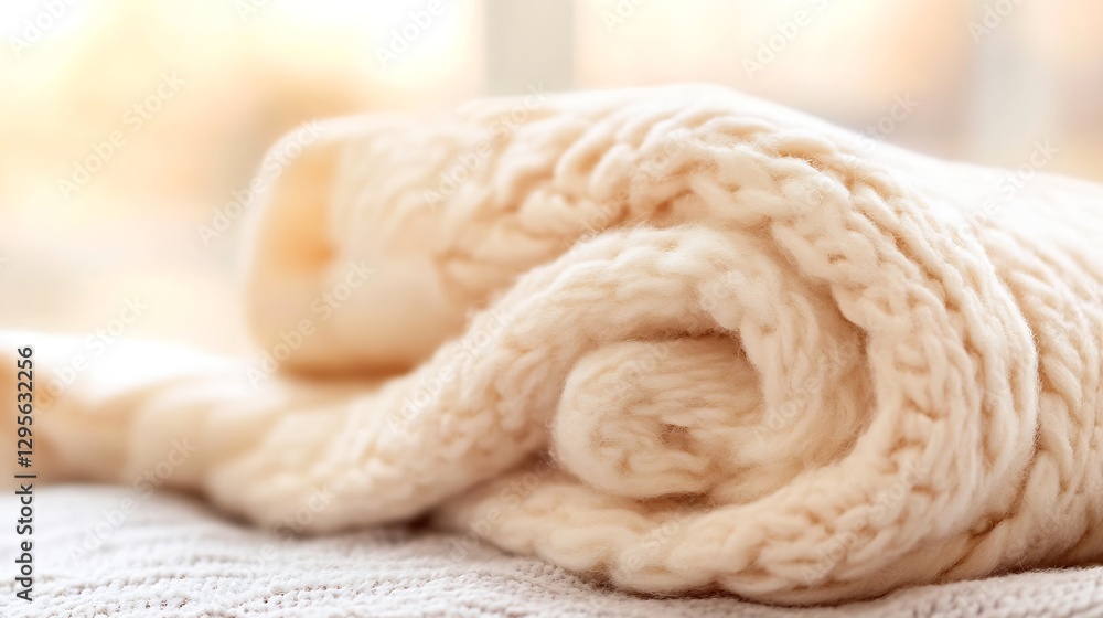 Poster rolled knit blanket over soft wool surface with warm natural lighting : generative ai