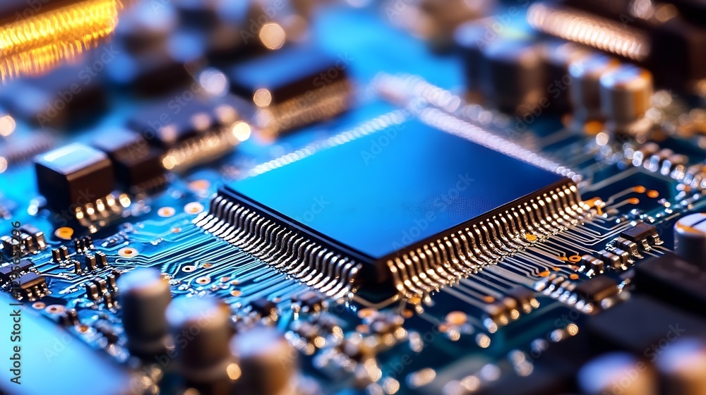 Leinwandbilder Intricate details of a circuit board featuring a large microprocessor and vibrant LEDs : Generative AI