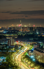 The brightly lit highways in the urban night view of Beijing, China