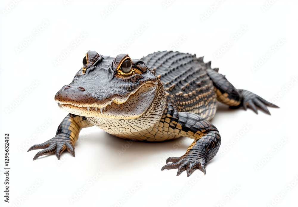 Poster detailed close-up of a young alligator on a plain background highlighting textures and features of t