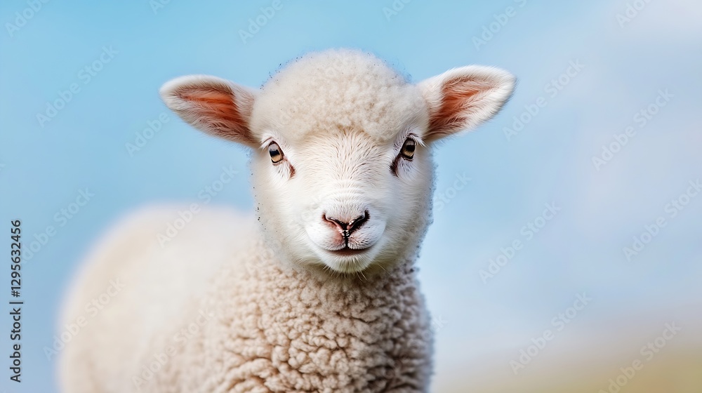 Aufkleber adorable young lamb with fluffy wool against a blurred blue background creating a cute farm scene : 