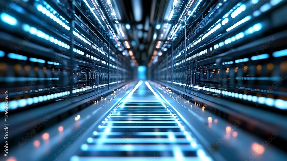 Poster Futuristic Data Center Corridor with Bright LEDs and Digital Lights : Generative AI