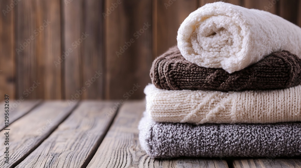 Poster Stack of Neatly Rolled Towels on Rustic Wooden Table for Spa Decor : Generative AI