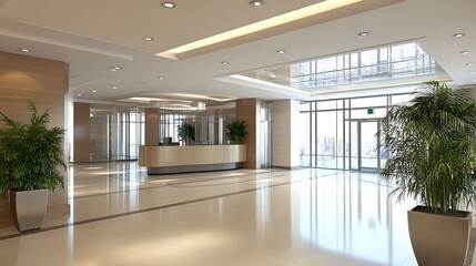 Fototapeta premium Contemporary Office Lobby with Abundant Natural Light and Greenery : Generative AI