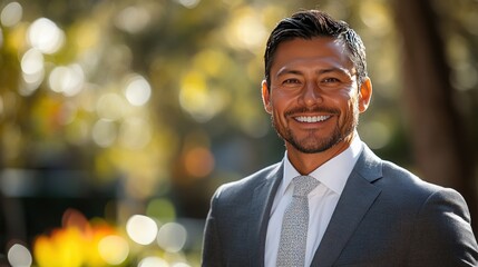 Confident Businessman in a Gray Suit Smiling Outdoors with a Beautiful Bokeh Background of Nature in Warm Tones, Exuding Professionalism and Charisma