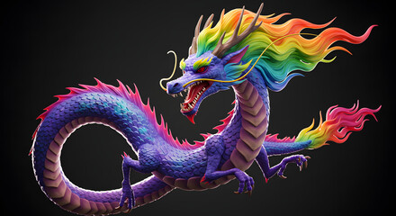 Obraz premium Colorful Dragon Illustration with Rainbow Hair and Scales on Black Background