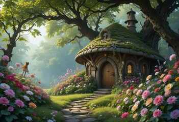 A small fairy house in a garden surrounded by flowers and plants