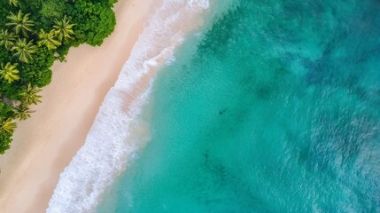 Fototapeta premium Aerial View of Beautiful Turquoise Ocean Waves Lapping at Pristine Sandy Beach : Generative AI