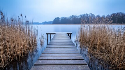 Obraz premium Serene wooden pier extending into calm water surrounded by tall grass : Generative AI