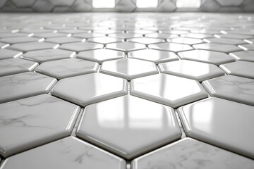 White background with hexagonal white tiles on the floor, wide-angle perspective, 3D render, and minimalist design.