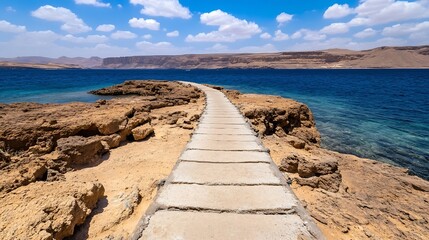 Scenic Pathway Along the Rocky Shore Leading to Clear Blue Water : Generative AI