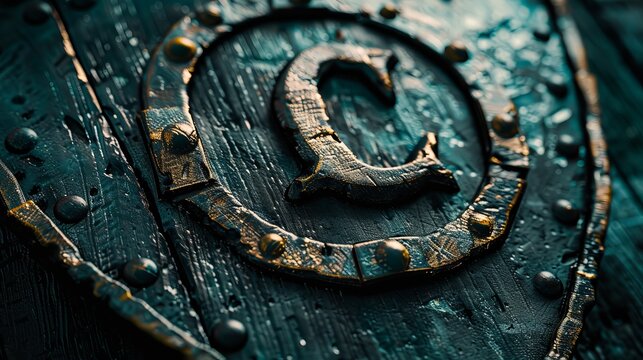Close-up of an ancient shield with a detailed letter 'C' embossed on its surface, featuring rustic textures and metallic accents.