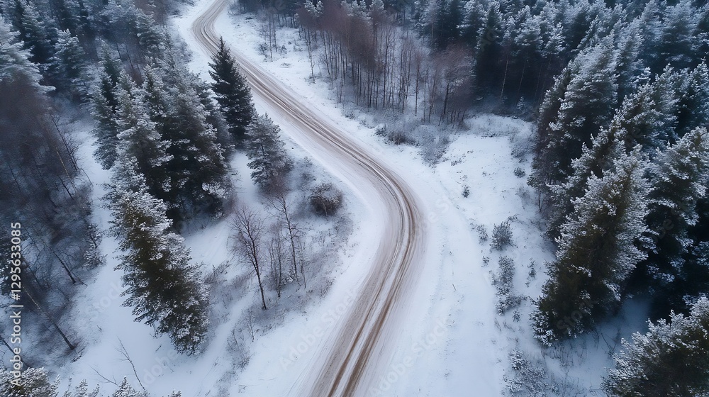 Poster scenic aerial view of a winding snowy road surrounded by frosty pine trees : generative ai