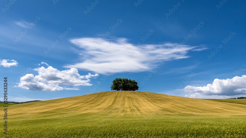 Poster isolated tree on a golden hill against a bright blue sky with scattered clouds : generative ai