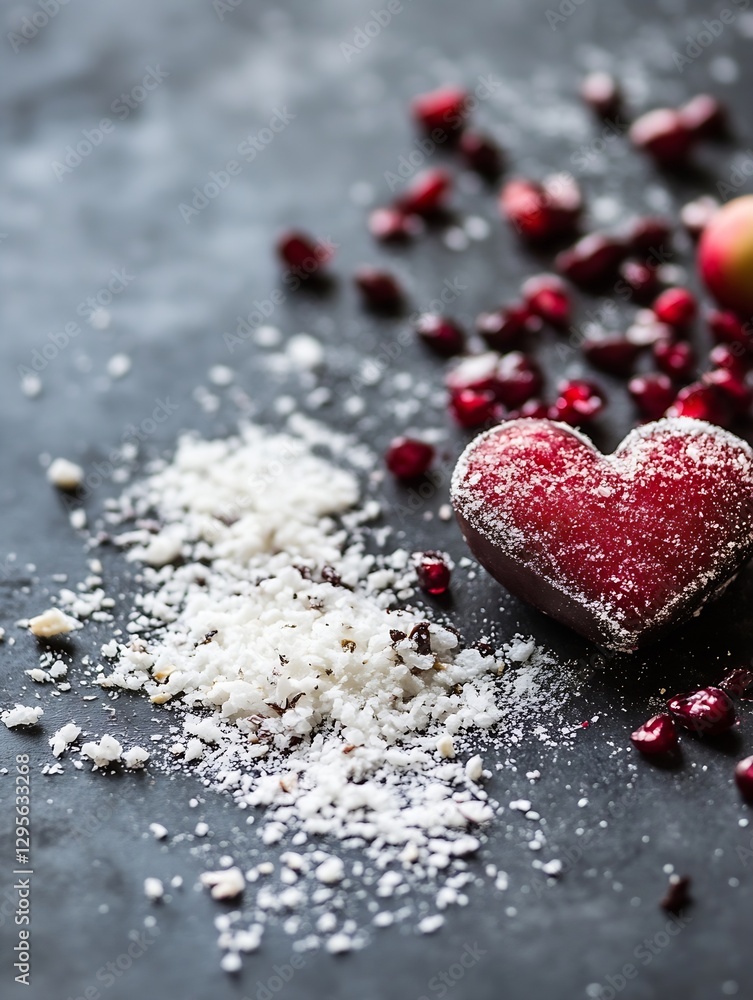 Poster heart shaped dessert surrounded by pomegranate seeds and sugar on a dark backdrop : generative ai