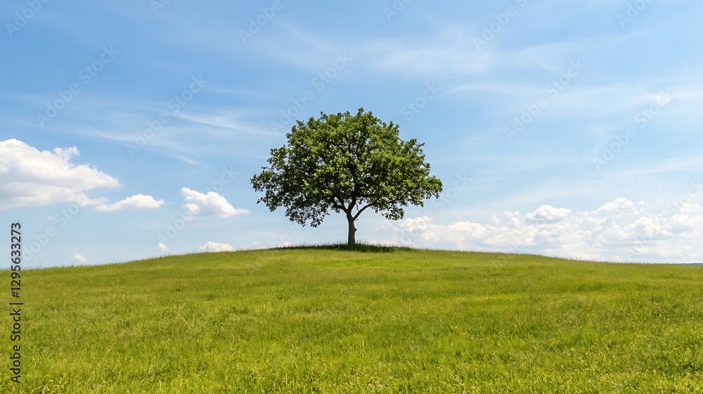 Poster isolated tree on a green hill under a beautiful blue sky with wispy clouds on a sunny day : generati