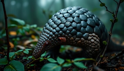 Fototapeta premium pangolin cautiously exploring a foggy jungle, its sharp eyes scanning for danger