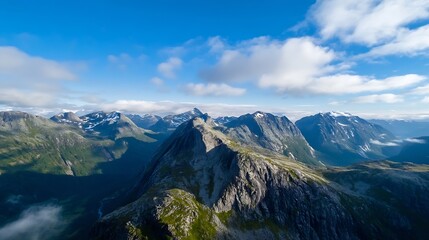 Fototapeta premium Stunning Aerial View of Majestic Mountain Range Under a Cloudy Sky : Generative AI