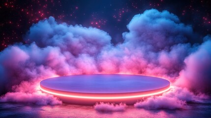 Ethereal Stage Surrounded by Mystical Clouds and Glowing Neon Lights in a Dreamlike Landscape for Creative and Artistic Visuals
