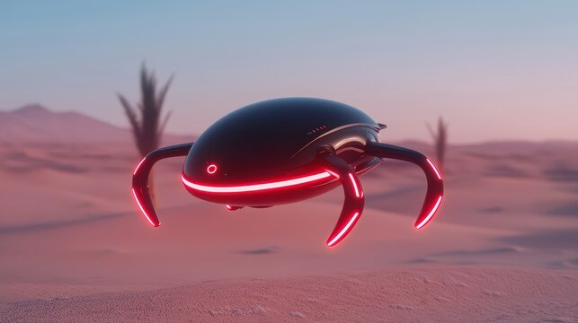 Futuristic mechanical insect hovering above desert environment during sunset