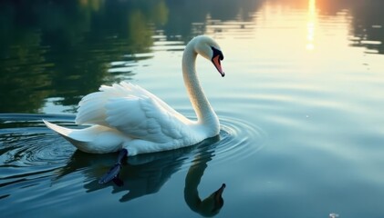 Fototapeta premium Elegant swan glides on tranquil lake, creating soft ripples , majestic, bird