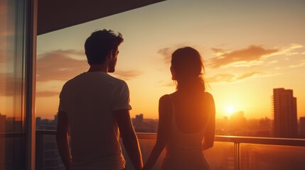 A couple is standing on a balcony looking out at the sunset. Generative AI