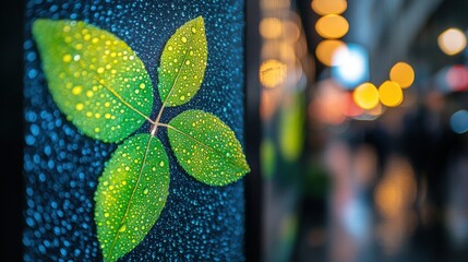 Fresh Green Leaves with Water Drops Against a Colorful Background of Bokeh Lights, Highlighting Nature's Beauty in Urban Settings