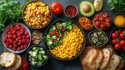 Fresh and Colorful Assortment of Healthy Ingredients on a Dark Surface, Featuring Bowls of Fruits, Vegetables, and Tasty Accompaniments for a Nutritious Meal