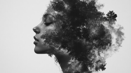 Serene Monochrome Portrait of a Woman with Tree Foliage Double Exposure