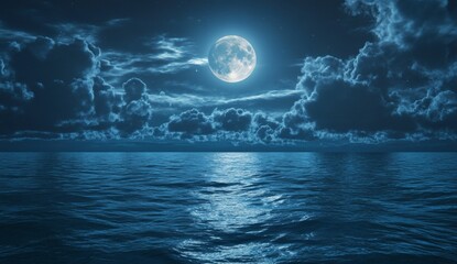 Fototapeta premium Full moon over calm ocean at night