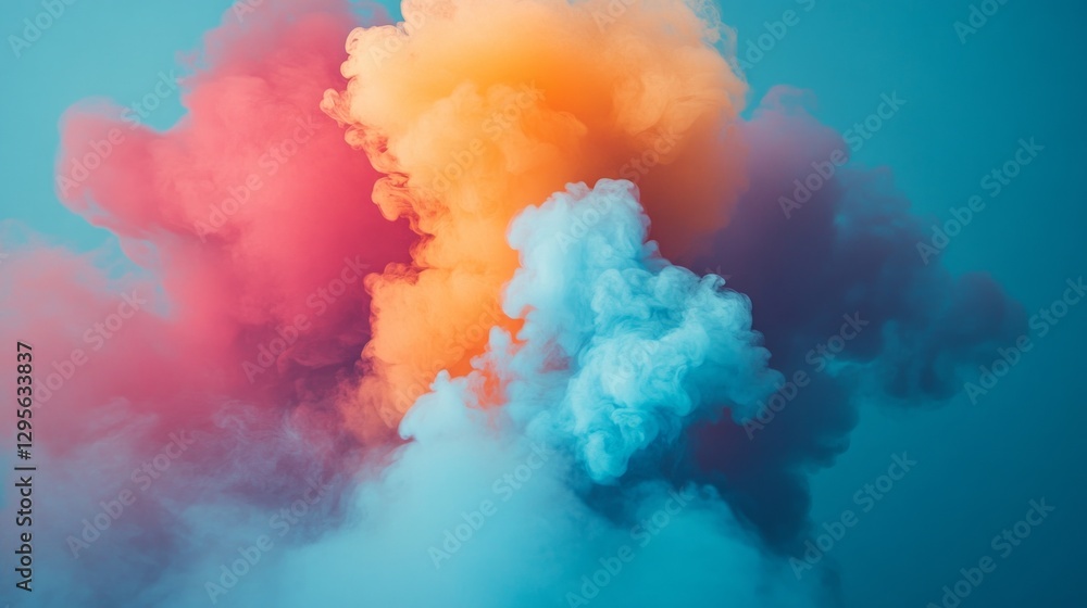 Poster billowing clouds of pink, orange, and blue merge and twist, creating an ethereal atmosphere that evo