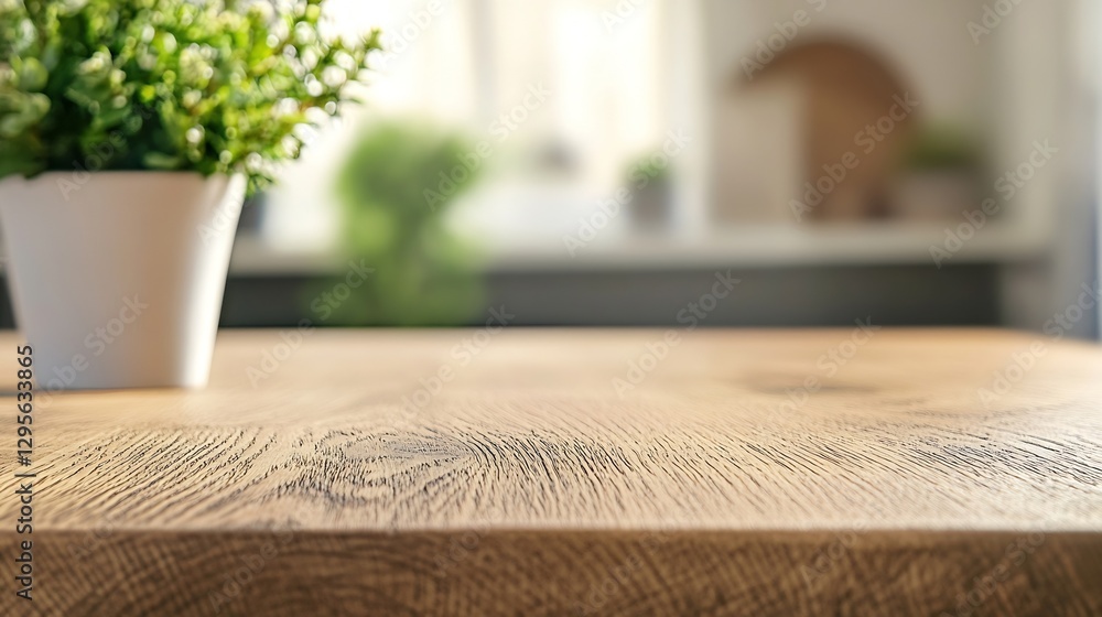 Poster minimalistic wooden table with a potted plant in the background bringing a refreshing vibe to the in