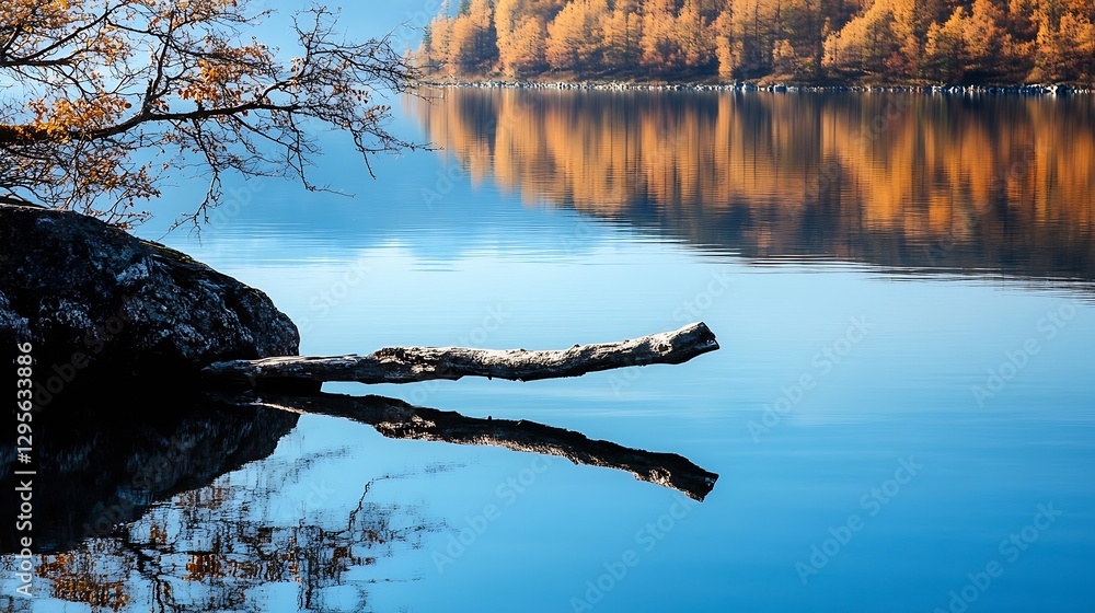 Poster serene lakeside view with autumn colors reflecting on the calm water and a tree branch in foreground