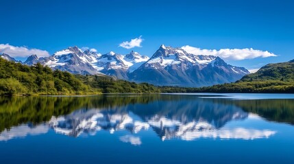 Stunning panoramic view of snow capped mountains reflecting in a serene lake surrounded by lush green forests : Generative AI