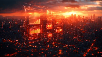 Futuristic Data Dashboard in a Cityscape at Sunset with Digital Visualizations and Glowing Elements Representing Market Trends and Analytics