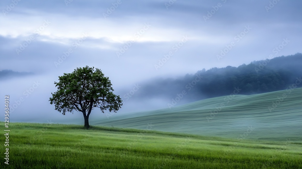 Poster lone tree standing in a misty field surrounded by green grass and gentle hills : generative ai