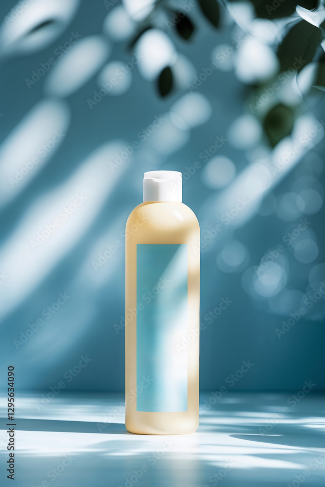 Poster clear bottle of liquid displayed against blue background with soft light and shadows creating an inv