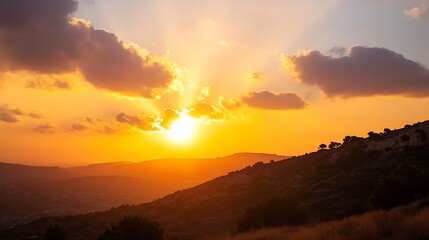 Fototapeta premium Breathtaking Sunset Over Rolling Hills with Rays of Light and Soft Clouds : Generative AI