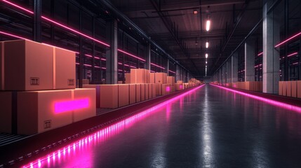 Futuristic Warehouse Interior with Neon Lighting and Cardboard Boxes Arranged Neatly Along a Long Aisle in an Urban Distribution Center Setting