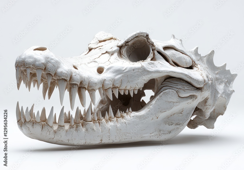 Poster detailed view of a realistic crocodile skull with exposed teeth and intricate bone structure for sci