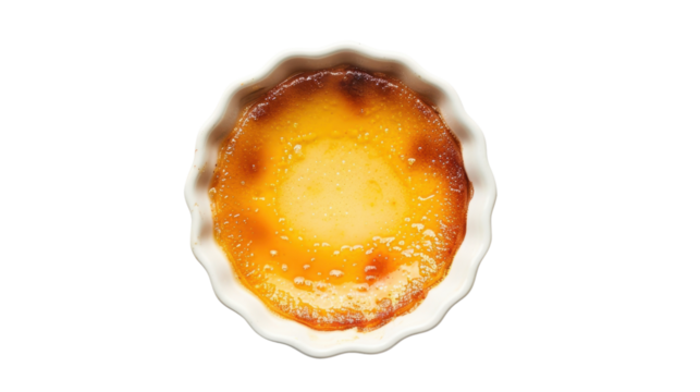 Delicious crème brûlée in a white ceramic ramekin, resting on a transparent background