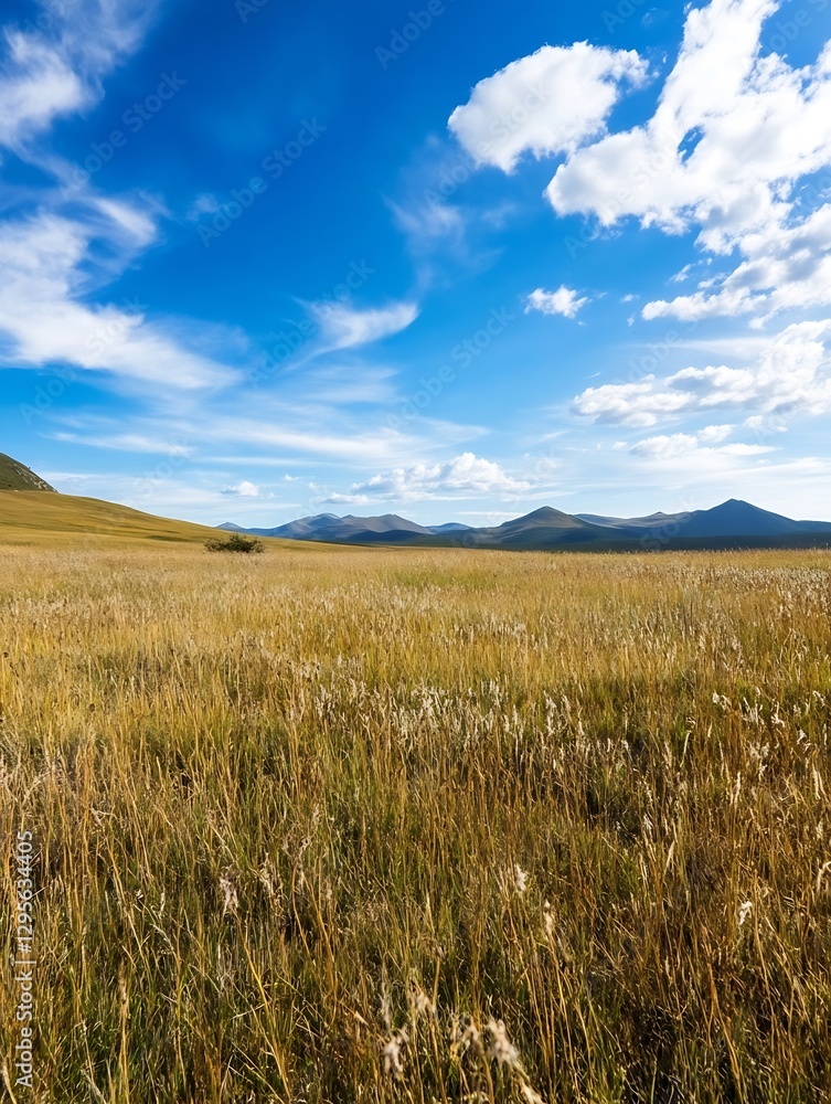 Poster expansive golden field under a bright blue sky with rolling mountains in the background : generative