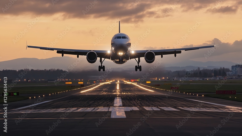 Poster Airplane landing on a runway during twilight with illuminated lights : Generative AI