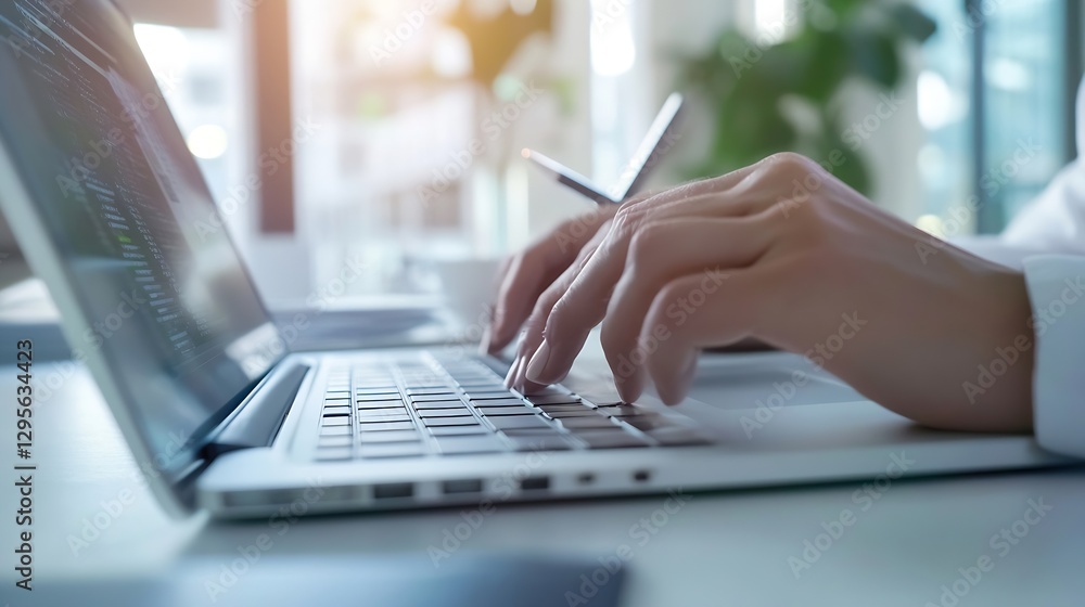 Aufkleber professional business person typing on laptop in a modern office workspace environment : generative 