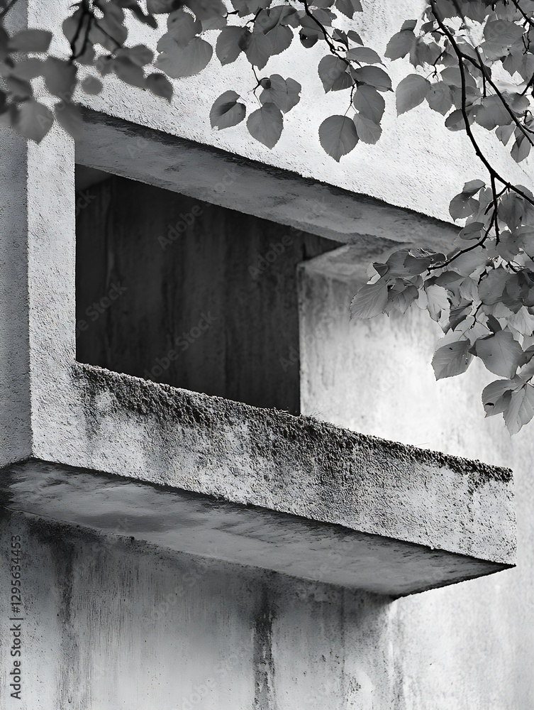 Poster Minimalist Architecture Featuring a Modern Concrete Structure with Leafy Details : Generative AI