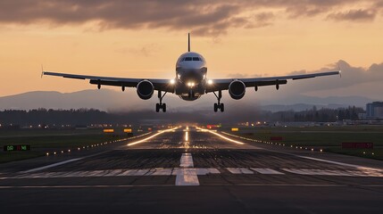 Naklejka premium Airplane landing on a runway during twilight with illuminated lights : Generative AI